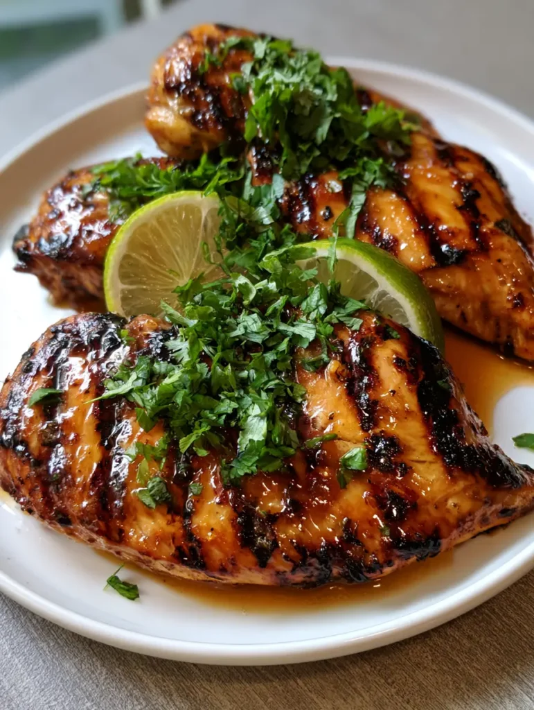 Key West Grillhähnchen: Saftiges Rezept mit Honig-Limetten-Glasur 1 Draufsicht auf Key West Grillhähnchen serviert auf einem weißen Porzellanteller mit viel Koriander.