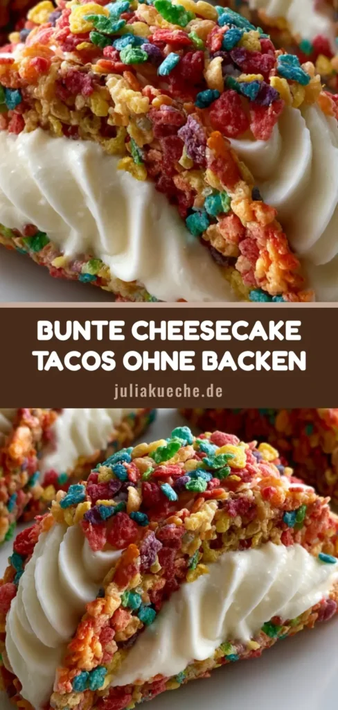 Cheesecake Tacos ohne Backen: Das ultimative bunte Dessert-Rezept 3 Drei bunte Cheesecake Tacos ohne Backen auf einem weißen Teller, gefüllt mit cremiger weißer Mousse.