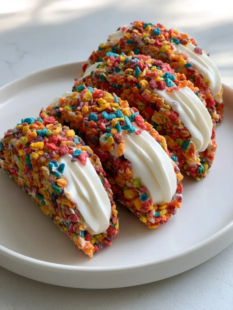 Cheesecake Tacos ohne Backen: Das ultimative bunte Dessert-Rezept 2 Nahaufnahme von Cheesecake Tacos ohne Backen mit bunten Fruity Pebbles Schalen.