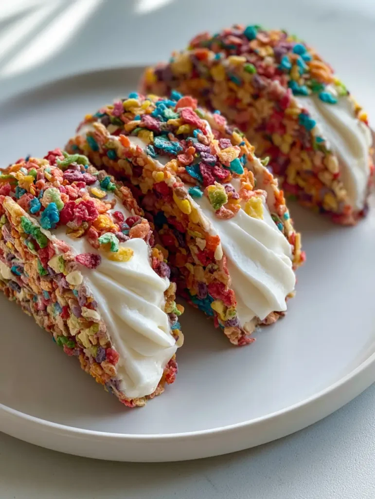 Cheesecake Tacos ohne Backen: Das ultimative bunte Dessert-Rezept 1 Präsentation von drei Cheesecake Tacos ohne Backen auf minimalistischem Geschirr.