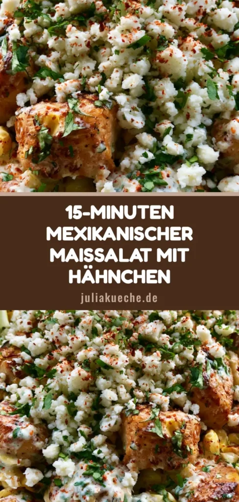 Ein farbenfroher Mexikanischer Maissalat mit Hähnchen in einer weißen Schüssel, getoppt mit Cotija-Käse und Koriander.