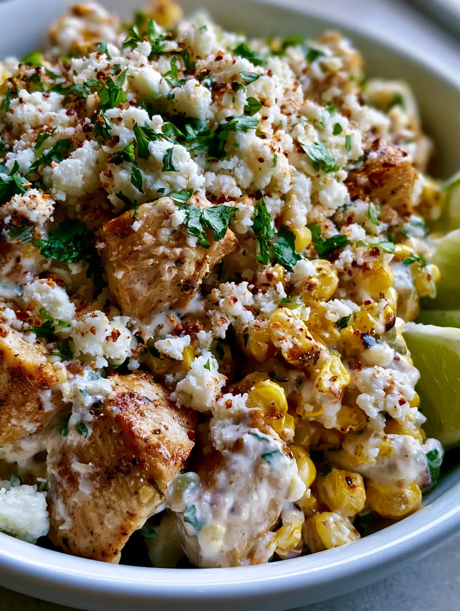 Nahaufnahme von Mexikanischer Maissalat mit Hähnchen, goldbraunen Hähnchenstücken und geröstetem Mais.