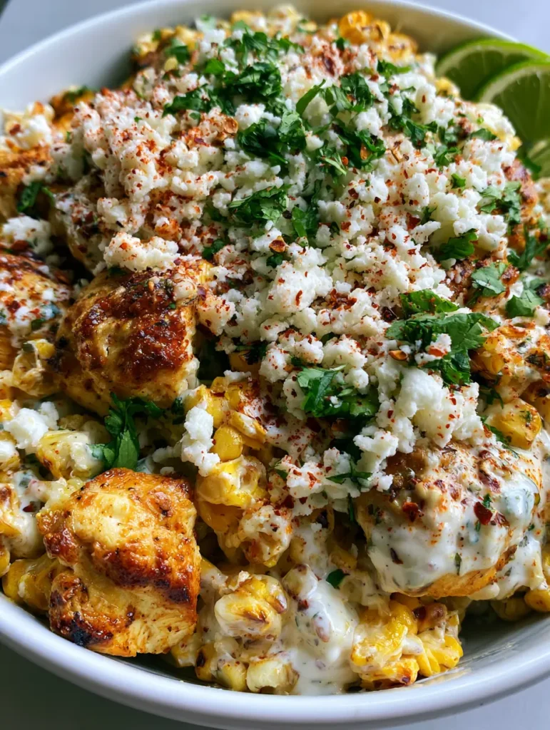 Mexikanischer Maissalat mit Hähnchen und Limettenspalten in einer hellen Schüssel serviert.
