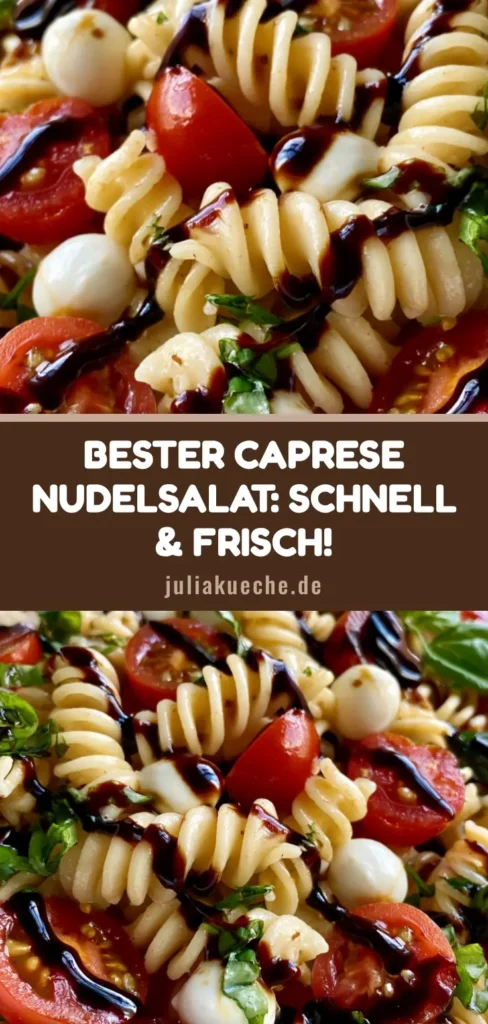 Caprese Nudelsalat: Das ultimative Rezept mit Balsamico-Glaze 4 Frischer Caprese Nudelsalat in einer weißen Schüssel mit Rotini, Tomaten, Mozzarella und Balsamico-Drizzle.
