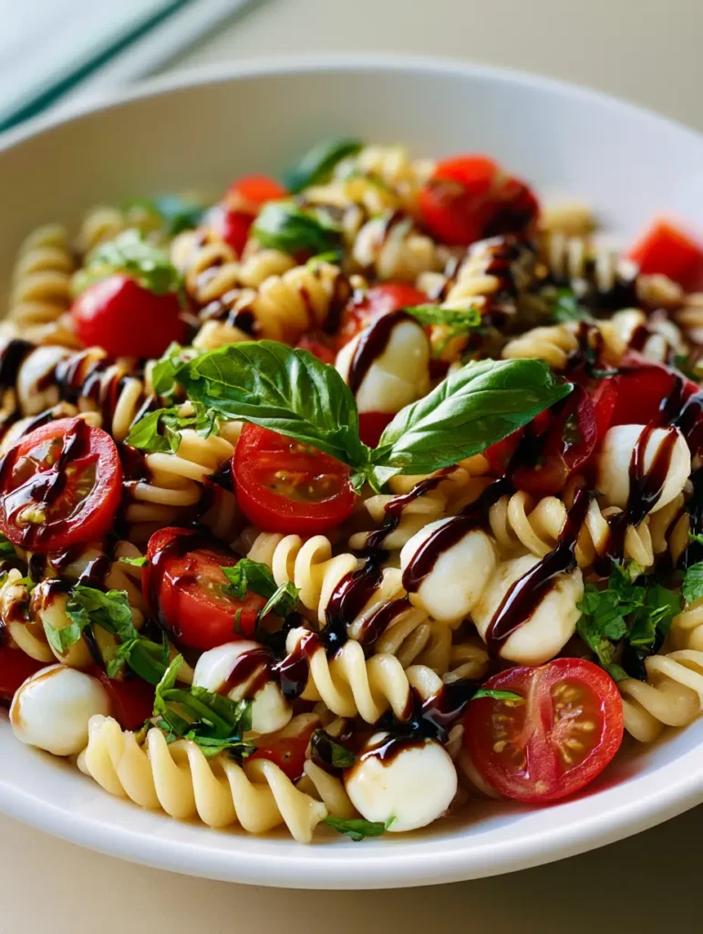 Caprese Nudelsalat: Das ultimative Rezept mit Balsamico-Glaze 2 Nahaufnahme von Caprese Nudelsalat mit glänzendem Balsamico-Glaze und frischem Basilikum.