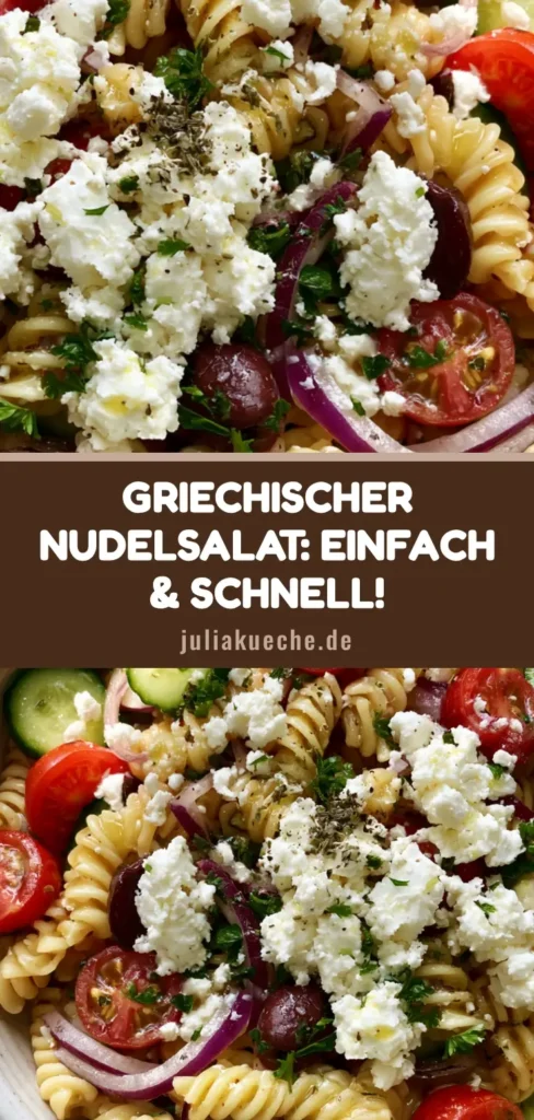 Griechischer Nudelsalat – Das ultimative mediterrane Rezept für jede Grillparty 4 Ein farbenfroher Griechischer Nudelsalat mit Fusilli, Feta, Oliven und Tomaten in einer weißen Schüssel.