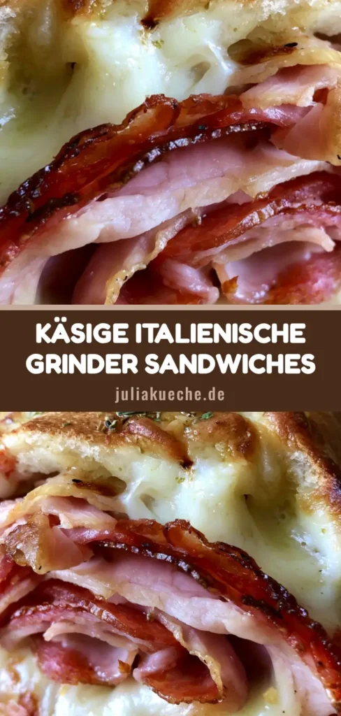 Italienische Grinder Sandwiches: Das ultimative Rezept für knusprigen Genuss 4 Ein fertig gebackenes Italienisches Grinder Sandwich mit knuspriger Kruste, viel geschmolzenem Mozzarella und italienischer Salami auf einem Holzbrett.
