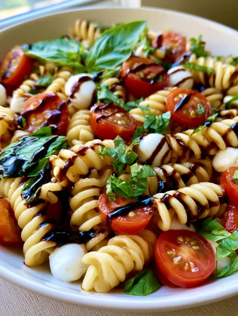Caprese Nudelsalat: Das ultimative Rezept mit Balsamico-Glaze 1 Caprese Nudelsalat serviert in einer weißen Keramikschüssel mit Mozzarella-Perlen und Kirschtomaten.