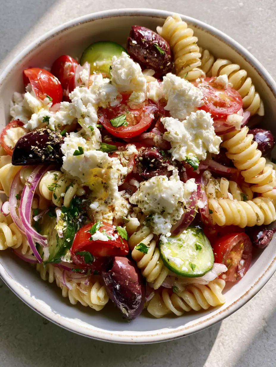 Griechischer Nudelsalat – Das ultimative mediterrane Rezept für jede Grillparty 3 Nahaufnahme von oben: Griechischer Nudelsalat mit glänzendem Zitronen-Olivenöl-Dressing und frischen Kräutern.