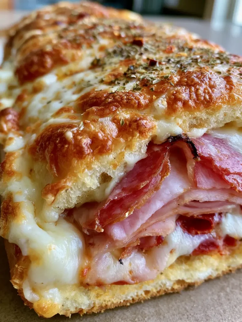 Italienische Grinder Sandwiches: Das ultimative Rezept für knusprigen Genuss 2 Nahaufnahme eines Italienische Grinder Sandwiches in einem Baguette mit Salami, Schinken und zerlaufenem Käse.
