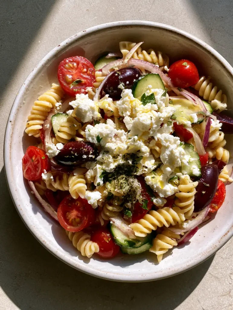 Griechischer Nudelsalat – Das ultimative mediterrane Rezept für jede Grillparty 1 Griechischer Nudelsalat angerichtet auf einer grauen Steinfläche mit Fokus auf die cremigen Feta-Stückchen.