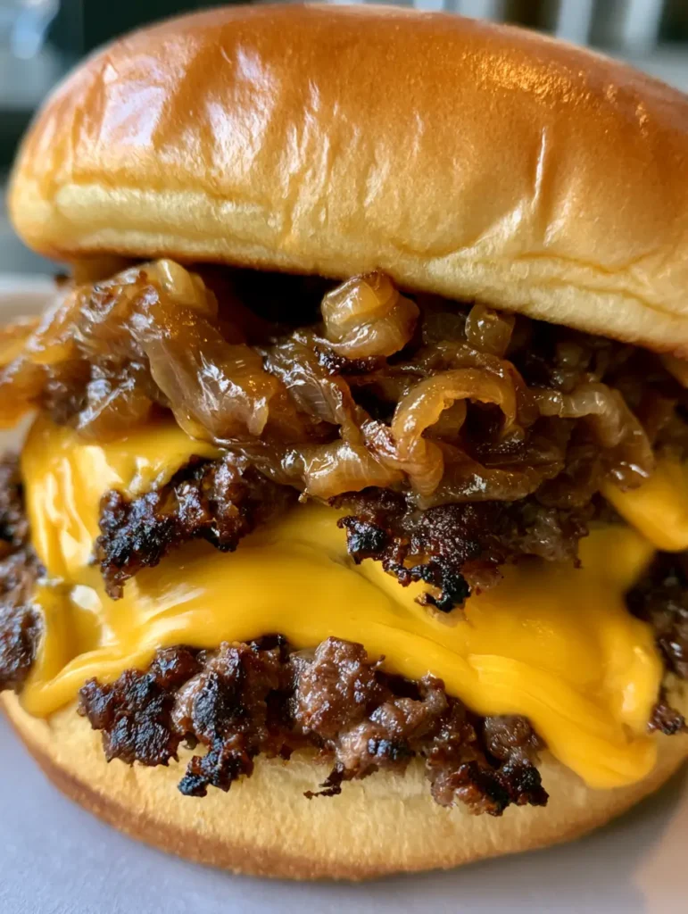 Detailansicht der karamellisierten Zwiebeln, die in das Fleisch des Smash Burgers gepresst wurden.
