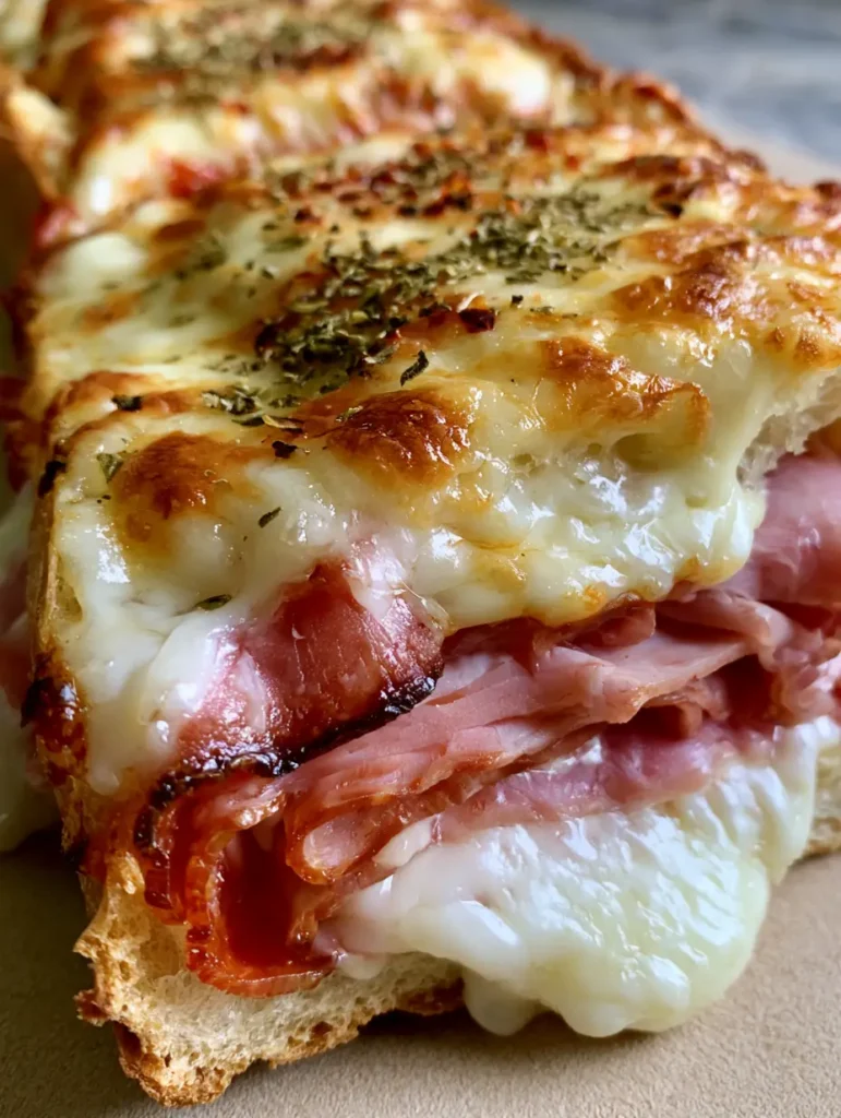 Italienische Grinder Sandwiches: Das ultimative Rezept für knusprigen Genuss 1 Aufgeschnittenes Italienisches Grinder Sandwich zeigt die Schichten aus Fleisch und Käse in einem goldbraunen Baguette.