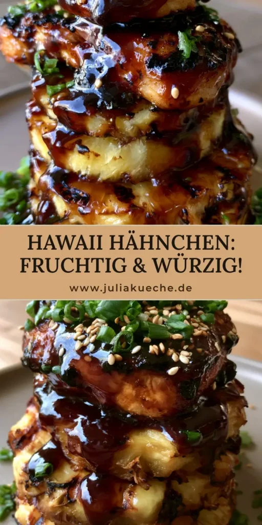 Ein vertikaler Stapel aus gegrillter Hähnchenbrust mit dunkler Glasur und karamellisierten Ananasringen. (Huli Huli Hähnchen Rezept)
