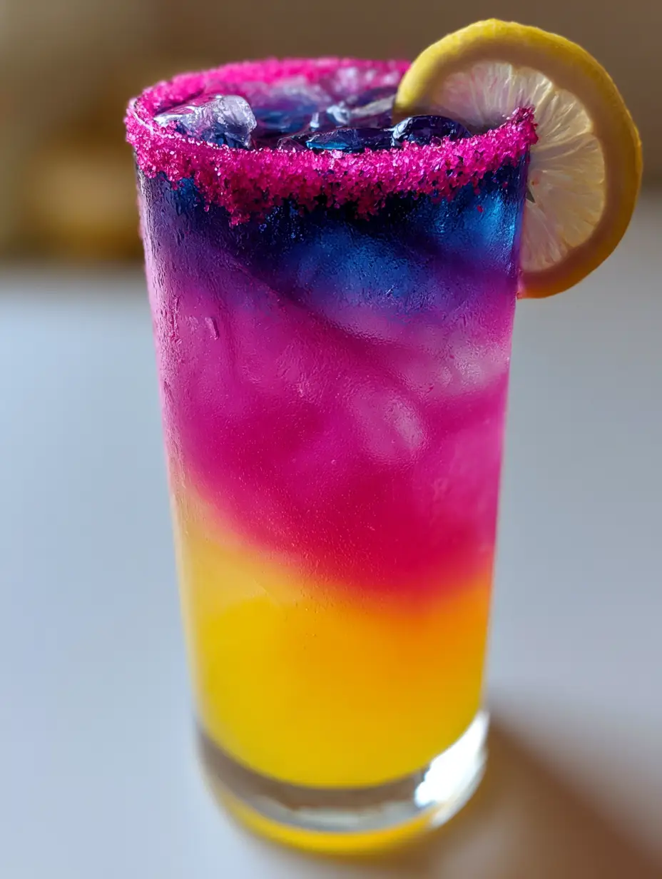 Einhorn-Limonade: Das magische Rezept für spektakuläre Farbschichten 3 Nahaufnahme einer geschichteten Einhorn-Limonade mit leuchtend gelbem Saft und pinkem Sirup unter weichem Tageslicht.