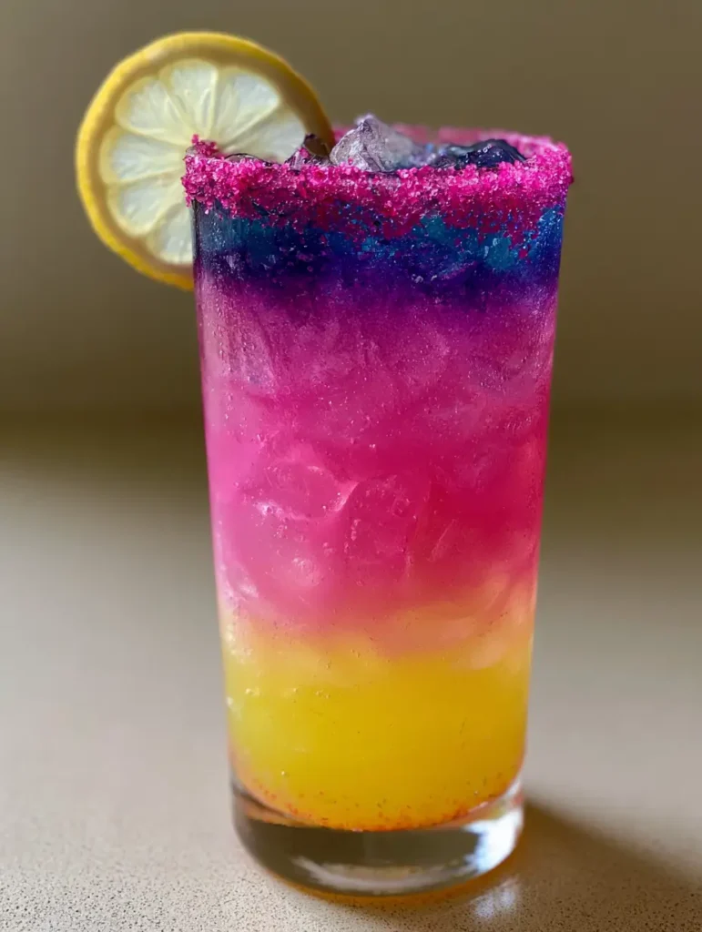 Einhorn-Limonade: Das magische Rezept für spektakuläre Farbschichten 1 Einhorn-Limonade in einem Glas mit neonpinkem Zuckerrand und klaren Eiswürfeln vor neutralem Hintergrund.