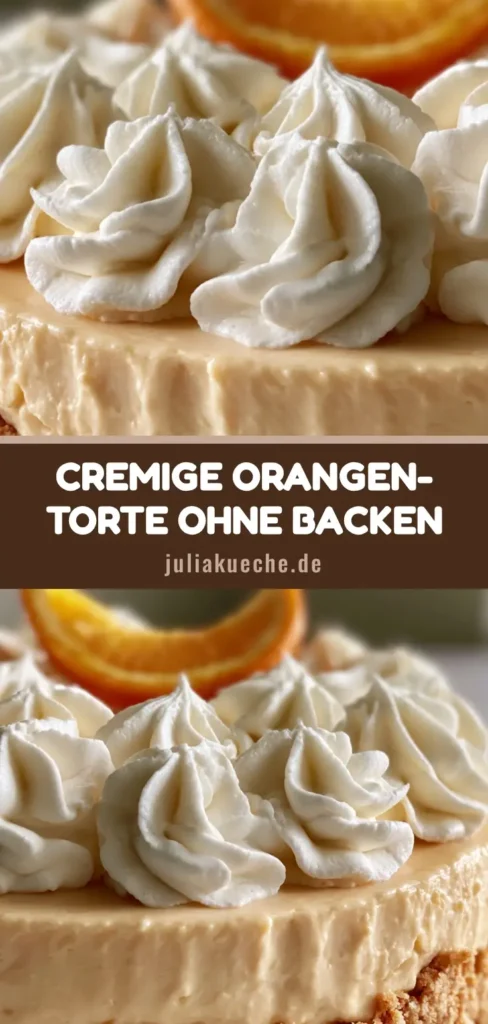 Nahaufnahme einer Orangen-Creamsicle-Torte mit Keksboden, oranger Füllung und Sahnehäubchen.
