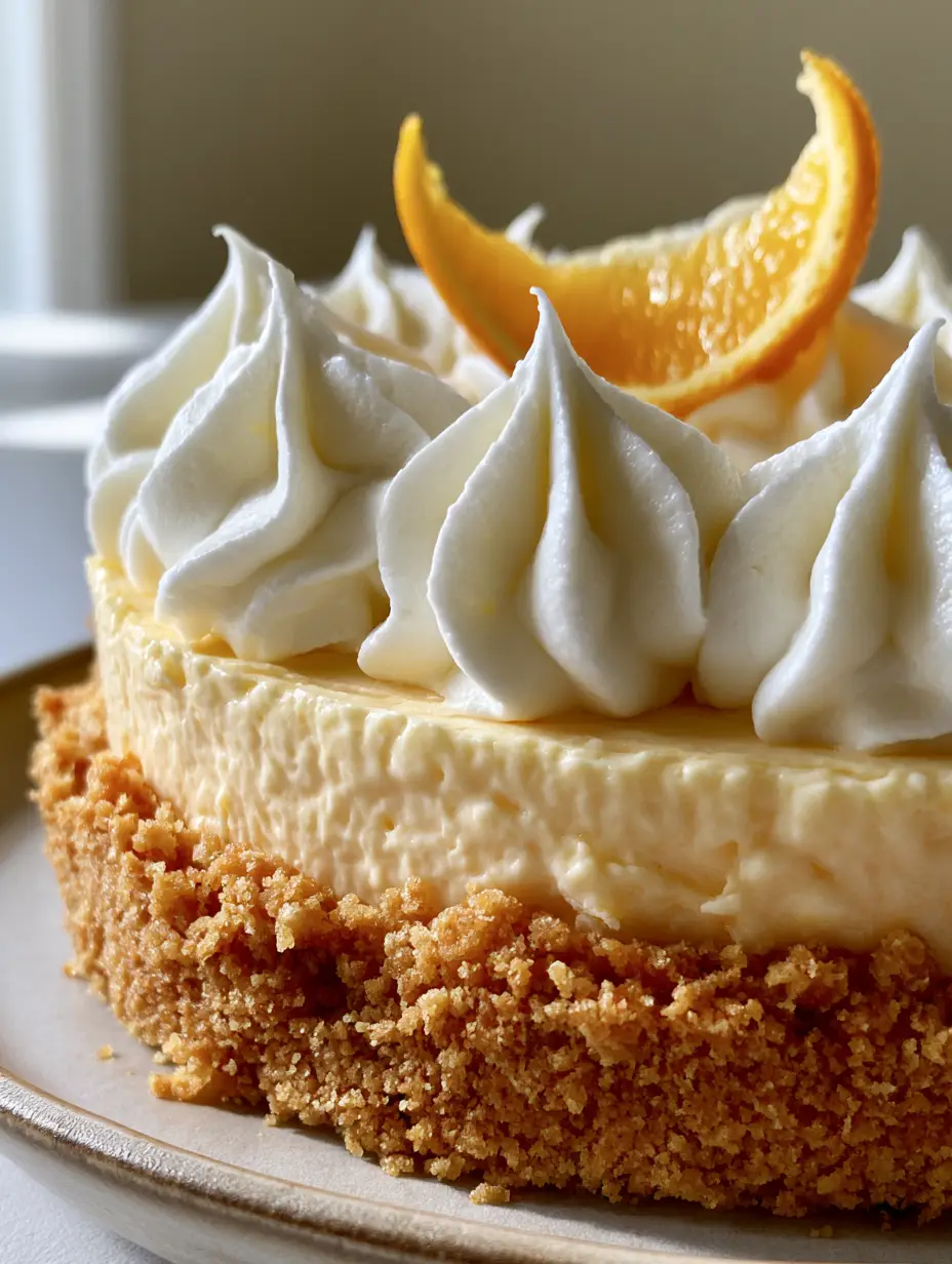 Seitenansicht der Orangen-Creamsicle-Torte zeigt die Schichten aus Keksboden und cremiger Füllung.