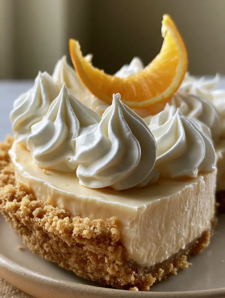 Draufsicht auf die Orangen-Creamsicle-Torte mit dekorativen Sahnetupfen und Orangenscheibe.