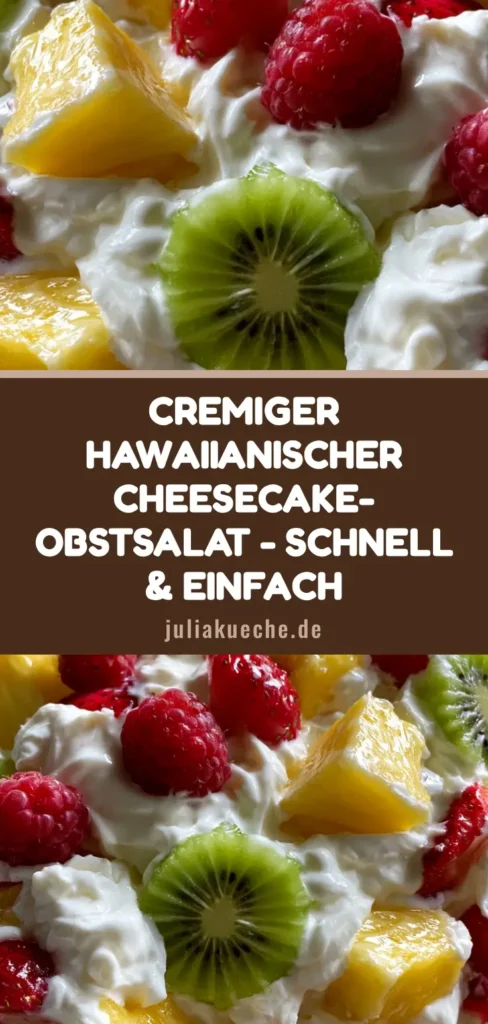Cheesecake-Obstsalat: Der cremigste Sommertraum für Deine Party 4 Ein köstlicher Cheesecake-Obstsalat in einer Glasschüssel mit Ananas, Kiwi und Beeren auf einem Holztisch.