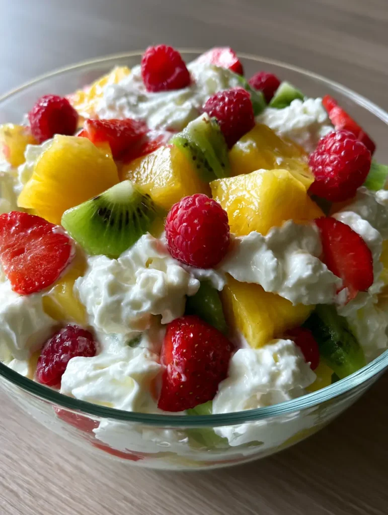 Cheesecake-Obstsalat: Der cremigste Sommertraum für Deine Party 2 Nahaufnahme von Cheesecake-Obstsalat mit glänzender weißer Creme und frischen Fruchtstücken.