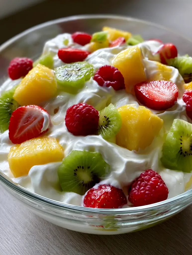 Cheesecake-Obstsalat: Der cremigste Sommertraum für Deine Party 1 Bunter Cheesecake-Obstsalat serviert in einer großen Glasschale für ein Sommer-Event.