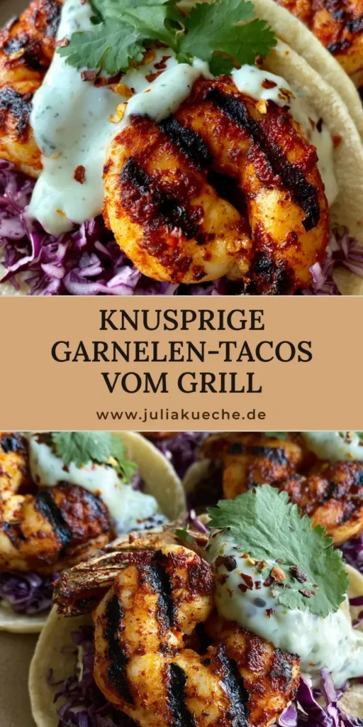 Drei Garnelen Tacos vom Grill auf einem rustikalen Teller mit Limetten-Crema und Koriander.