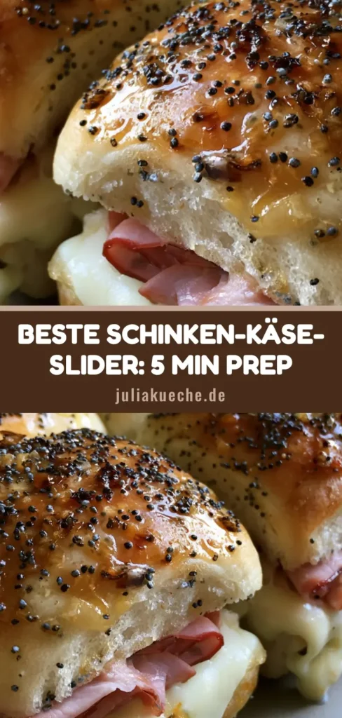 Schinken-Käse-Slider: Das ultimative Rezept für goldbraune Party-Brötchen 4 Ein Blech mit goldbraun gebackenen Schinken-Käse-Slidern, die mit Mohn und Zwiebeln glasiert sind. Geschmolzener Käse läuft an den Seiten heraus.
