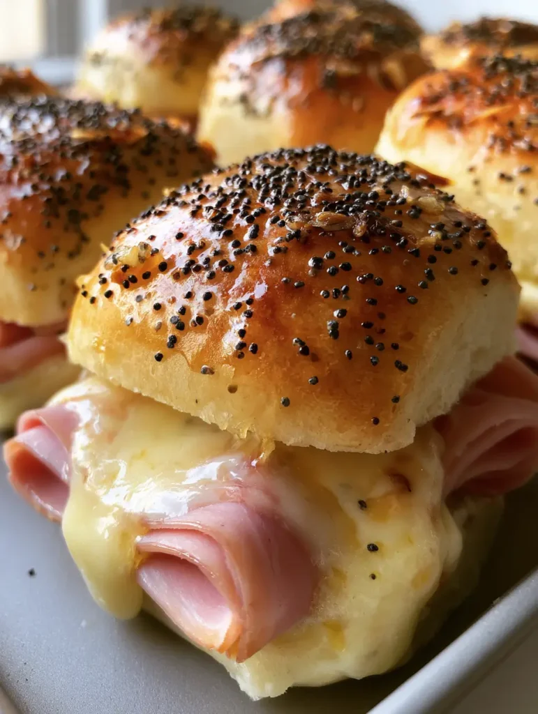 Schinken-Käse-Slider: Das ultimative Rezept für goldbraune Party-Brötchen 1 Eine ganze Platte voll mit goldbraun glänzenden Schinken-Käse-Slidern, bestreut mit dunklem Mohn.