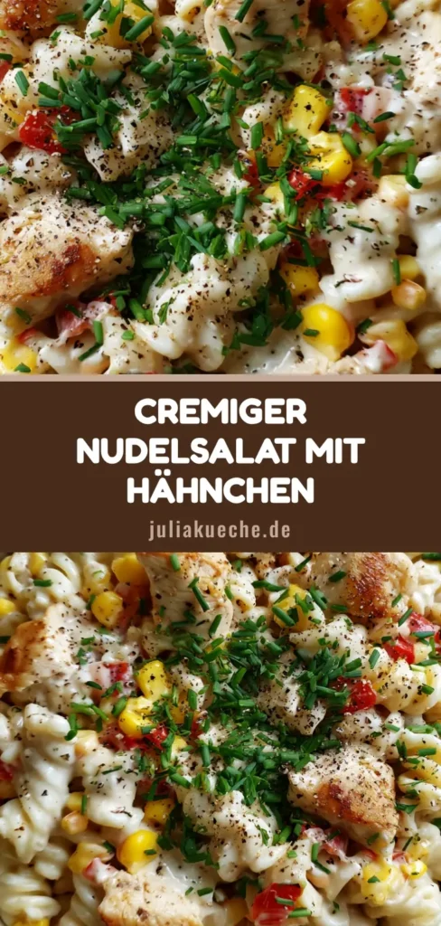Nudelsalat mit Hähnchen: Das ultimative Rezept für cremigen Genuss 4 Draufsicht auf einen cremigen Nudelsalat mit Hähnchen, Mais und Paprika in einer rustikalen Schüssel.