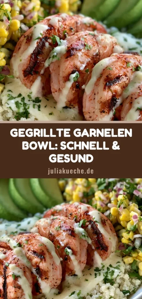 Garnelen Bowl Rezept: Die ultimative 20-Minuten-Bowl mit Quinoa 4 Ein köstliches Garnelen Bowl Rezept mit gegrillten Riesengarnelen, Quinoa, Mais-Salsa und Avocado in einer weißen Schüssel.