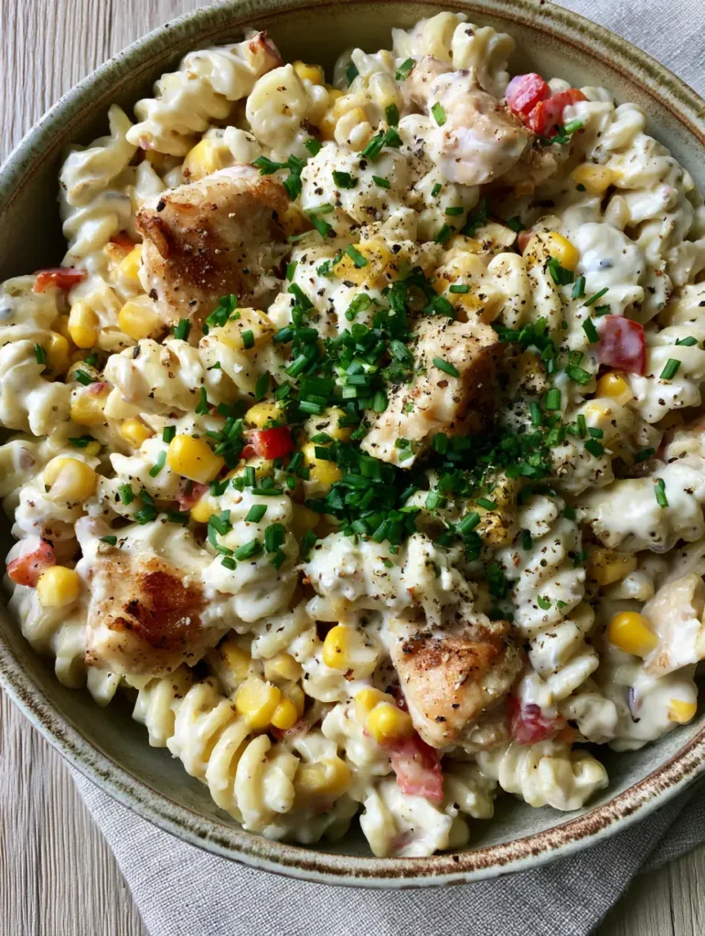 Nudelsalat mit Hähnchen: Das ultimative Rezept für cremigen Genuss 2 Nahaufnahme von Fusilli-Nudeln mit weißem Dressing, goldbraunem Hähnchen und frischem Schnittlauch.