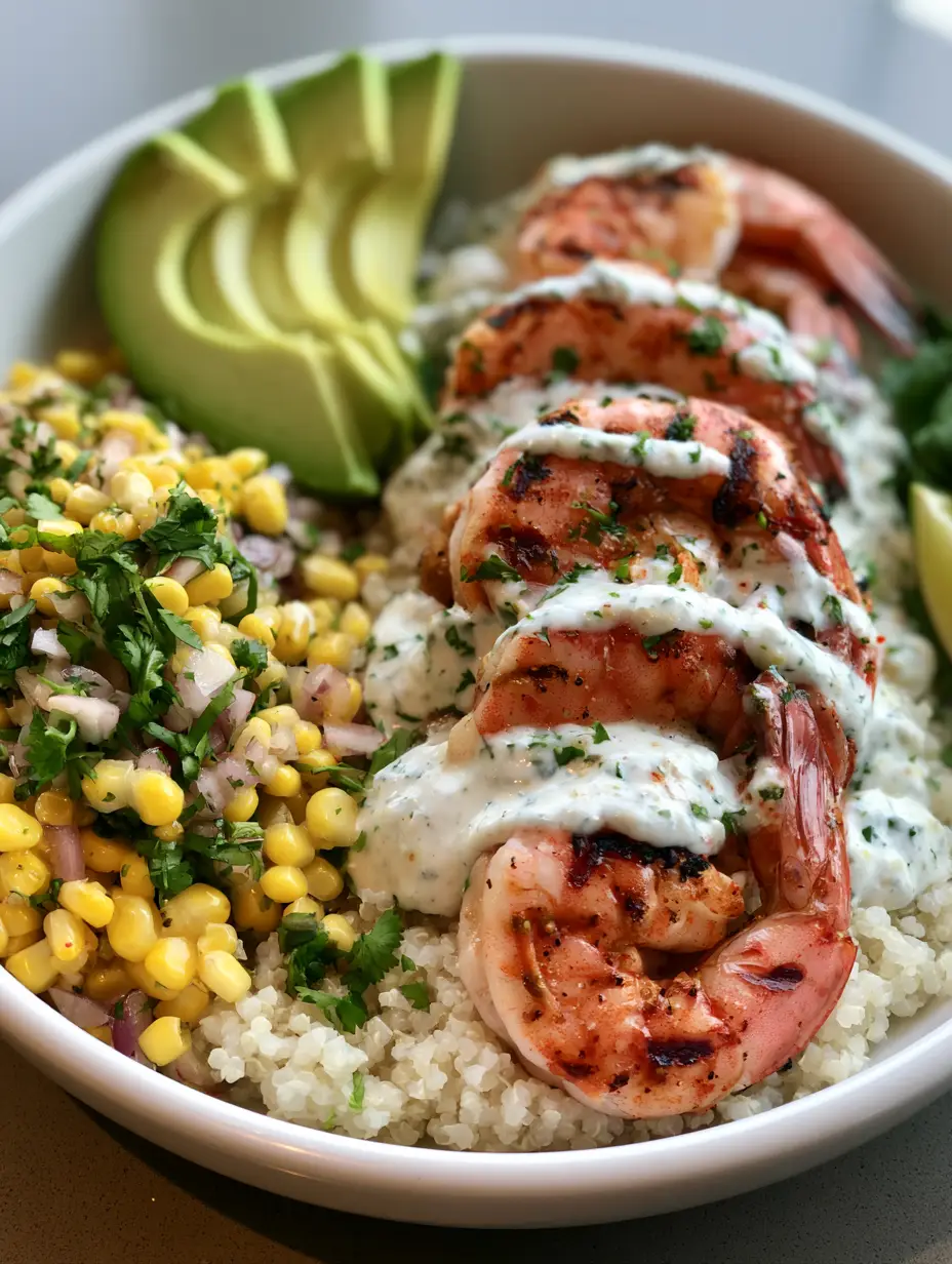 Garnelen Bowl Rezept: Die ultimative 20-Minuten-Bowl mit Quinoa 3 Nahaufnahme einer Garnelen Bowl mit weißer Knoblauchsauce und frischem Koriander.