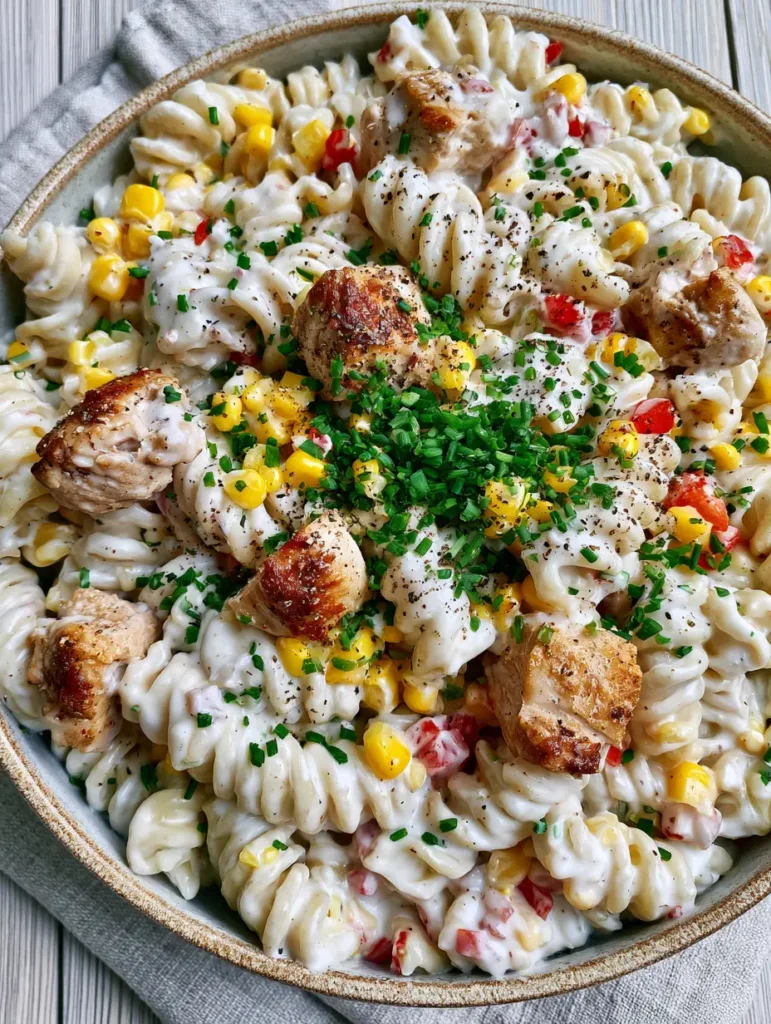 Nudelsalat mit Hähnchen: Das ultimative Rezept für cremigen Genuss 1 Cremiger Nudelsalat mit Hähnchen, roten Paprikawürfeln und Mais serviert auf einem hellen Holztisch.