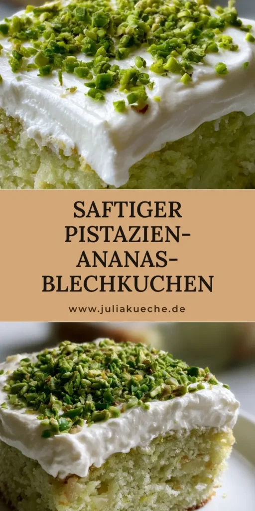 Pistazien-Ananas-Kuchen: Der ultimative saftige Blechkuchen mit Sahnehaube 3 Ein rechteckiges Stück Pistazien-Ananas-Kuchen mit weißem Sahne-Topping und grünen Pistazien auf einem weißen Teller.