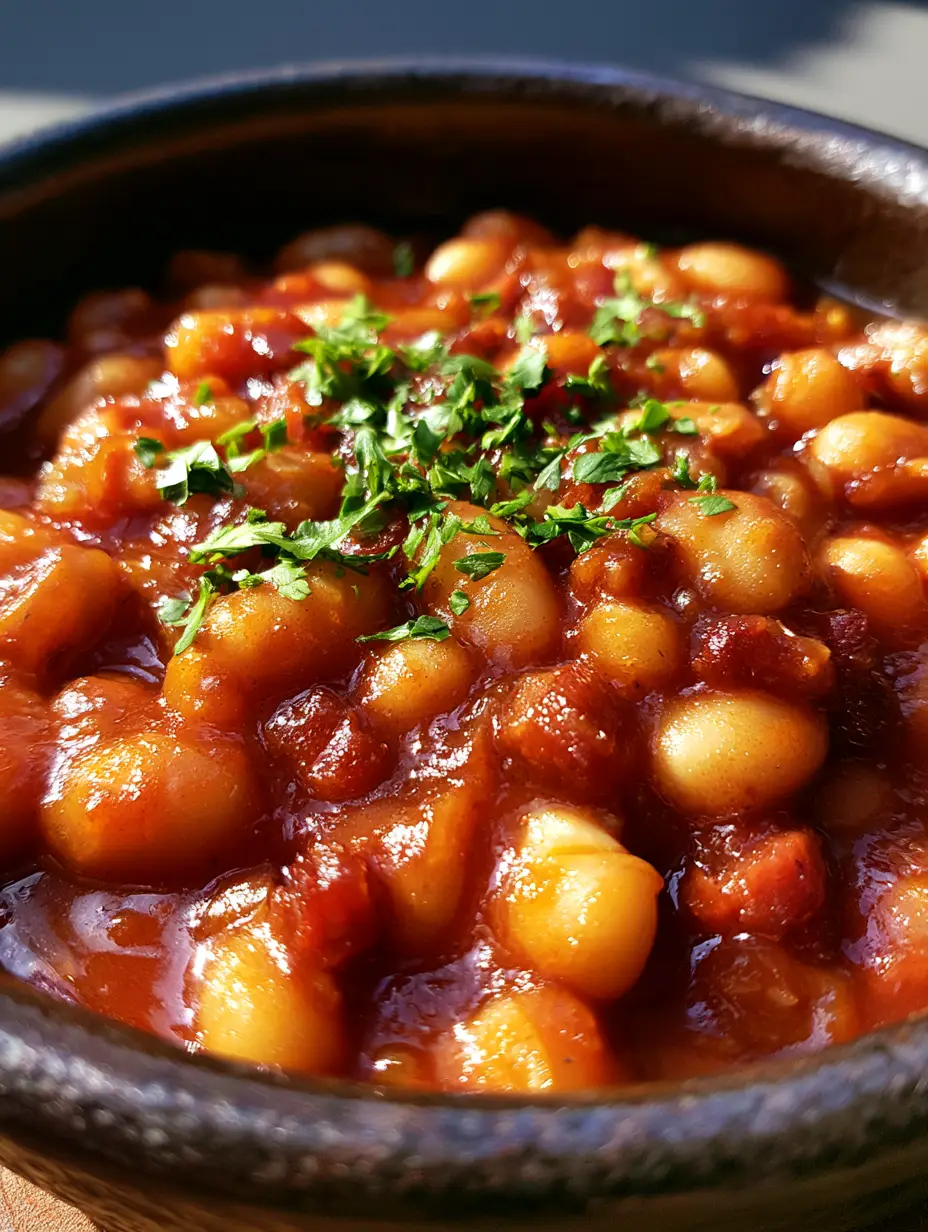 Baked Beans Rezept: Herzhaft, rauchig & der ultimative Grill-Klassiker 3 Nahaufnahme von cremigen Baked Beans in einer dunklen Schale mit glänzender Tomatensauce. (Baked Beans Rezept)