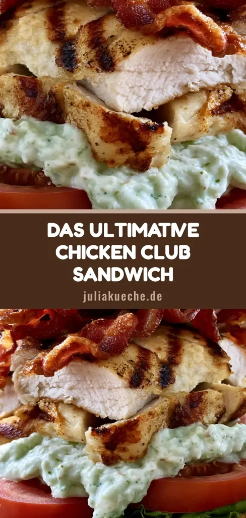 Ein hoch gestapeltes Chicken Club Sandwich mit gegrilltem Hähnchen, knusprigem Speck und Avocado-Sauce auf einem Teller.