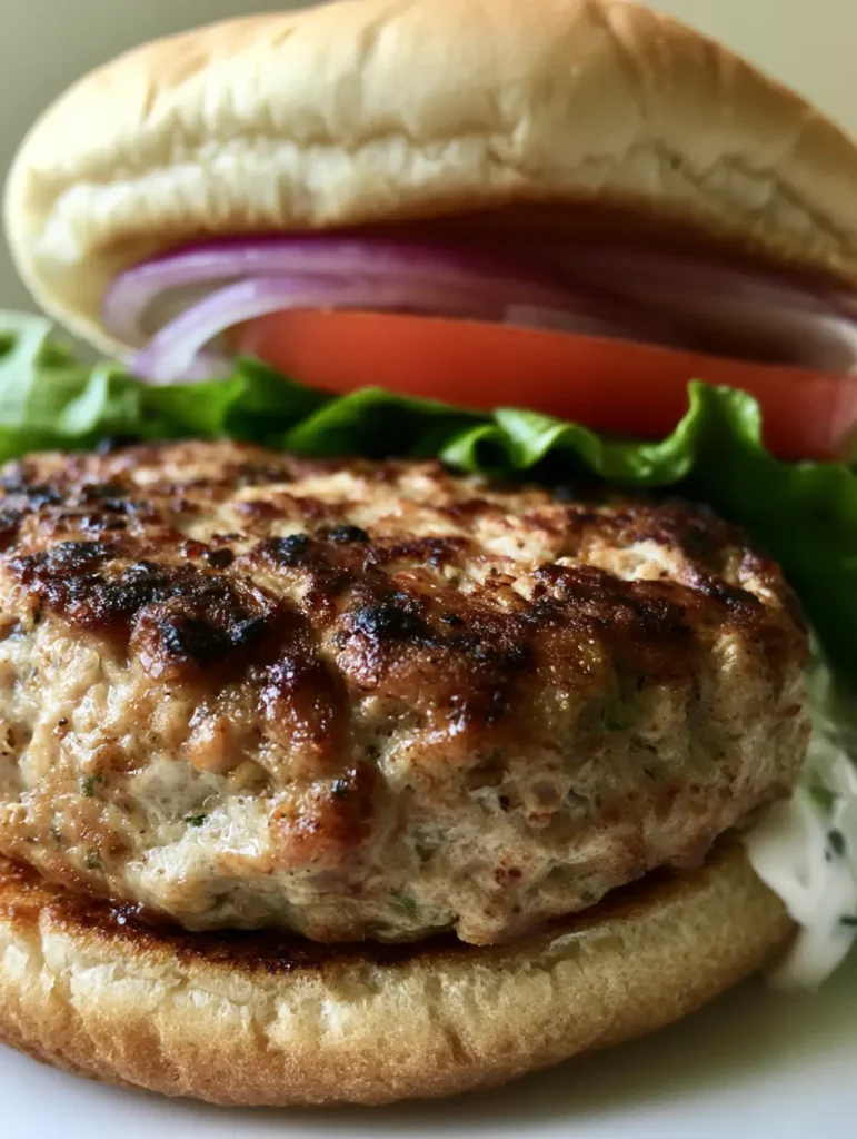 Puten-Burger Rezept: Saftig, würzig & der Star auf jedem Pinterest-Board 2 Ein dicker, perfekt gebratener Puten-Burger in der Hand gehalten, Fokus auf das Fleisch und die weiße Sauce. (Puten-Burger Rezept)