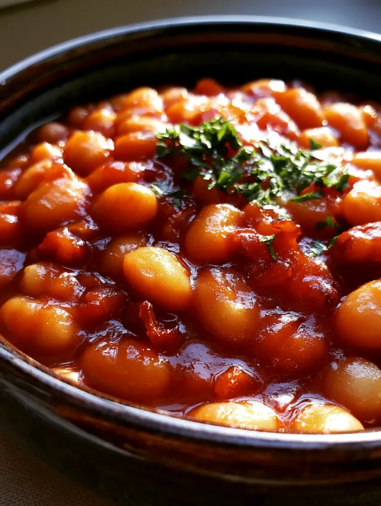 Baked Beans Rezept: Herzhaft, rauchig & der ultimative Grill-Klassiker 1 Baked Beans Rezept serviert in einer Keramikschale mit knusprigem Speck und frischer Petersilie garniert.