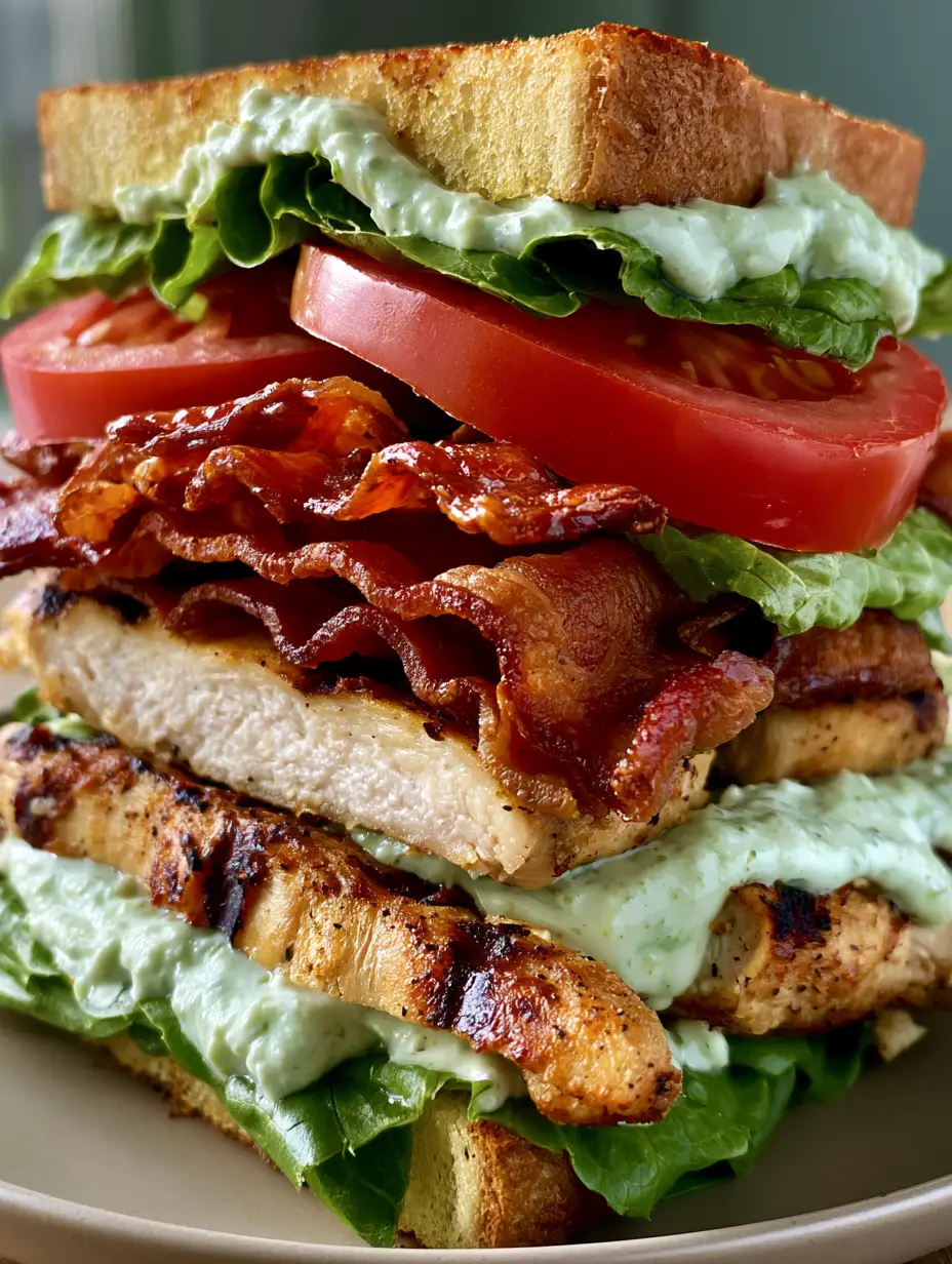 Nahaufnahme eines Loaded Chicken Club Sandwich mit saftigen Hähnchenstreifen und hellgrüner Avocado-Creme.