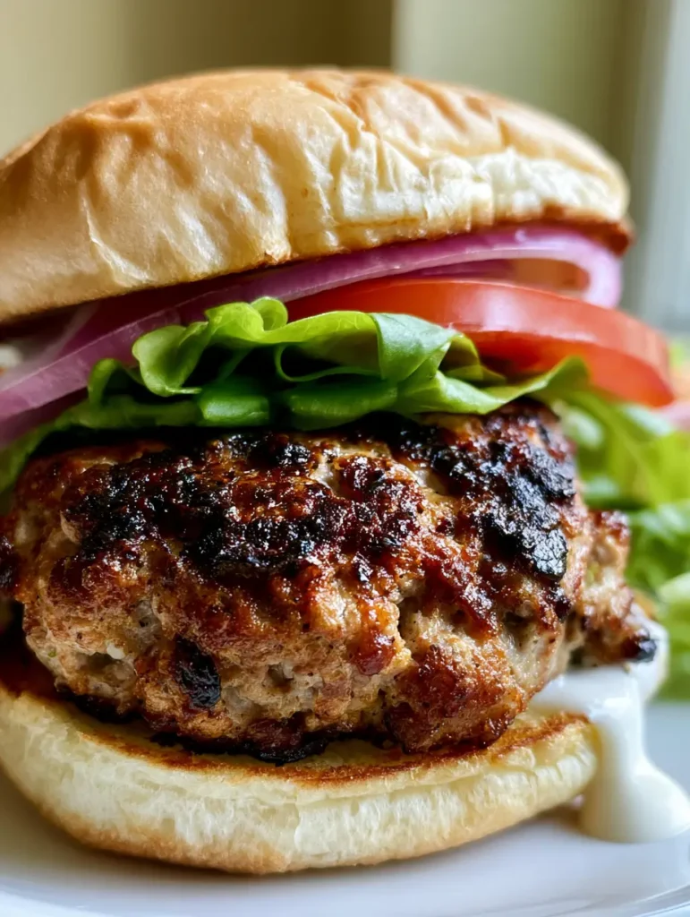 Puten-Burger Rezept: Saftig, würzig & der Star auf jedem Pinterest-Board 1 Fertig angerichteter Puten-Burger auf einem neutralen Hintergrund, bereit zum Reinbeißen.