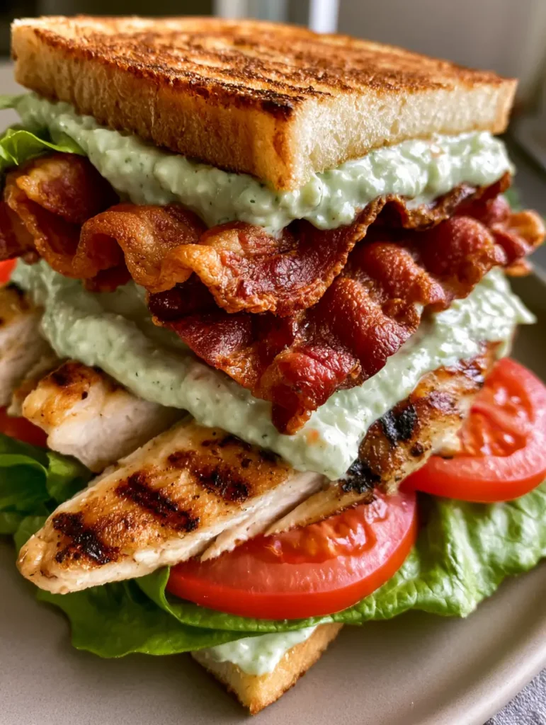 Seitenansicht eines geschichteten Club Sandwiches mit knusprigem Speck und frischen Tomaten im natürlichen Licht.