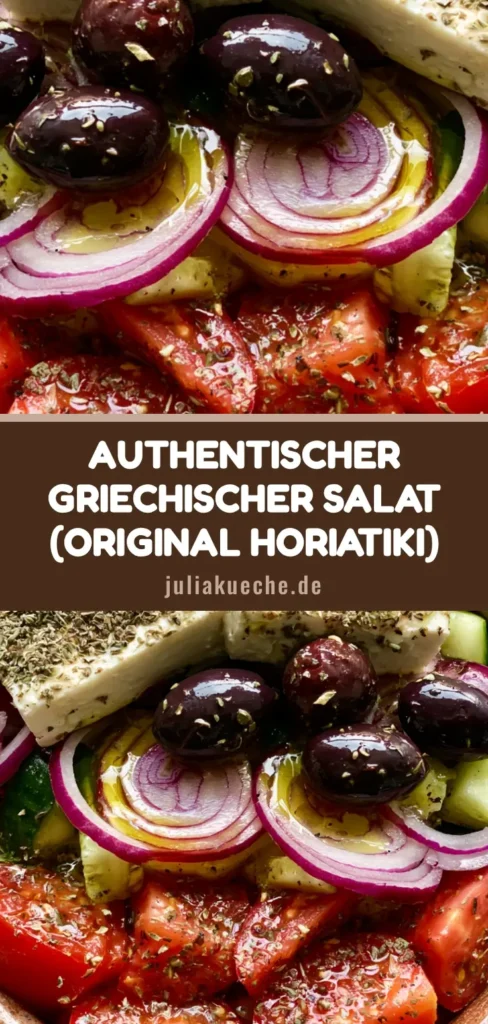 Ein authentisches Griechischer Salat Rezept serviert in einer Tonschale mit dicken Feta-Scheiben und Oregano.