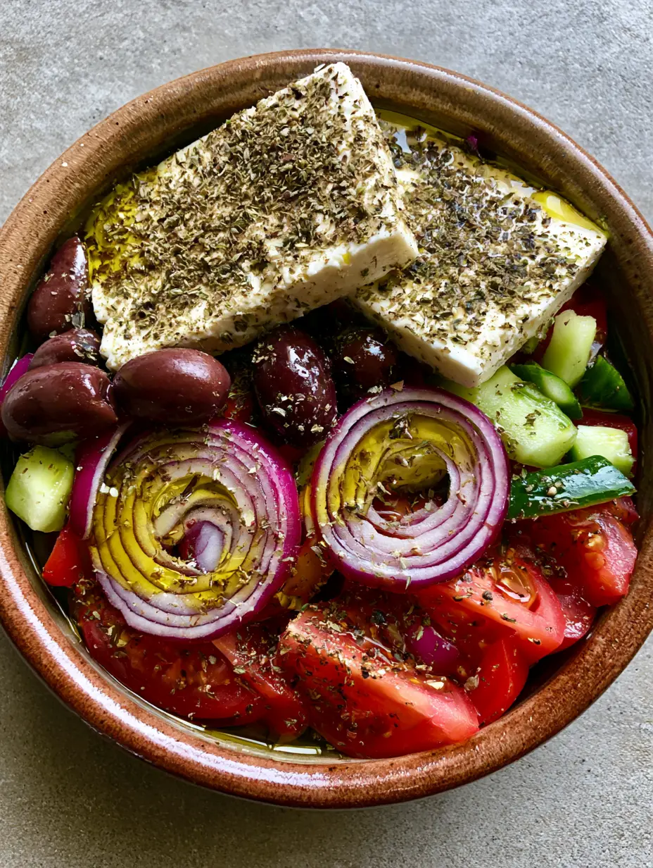Nahaufnahme von einem Griechischer Salat Rezept mit Tomatenspalten und Kalamata Oliven.