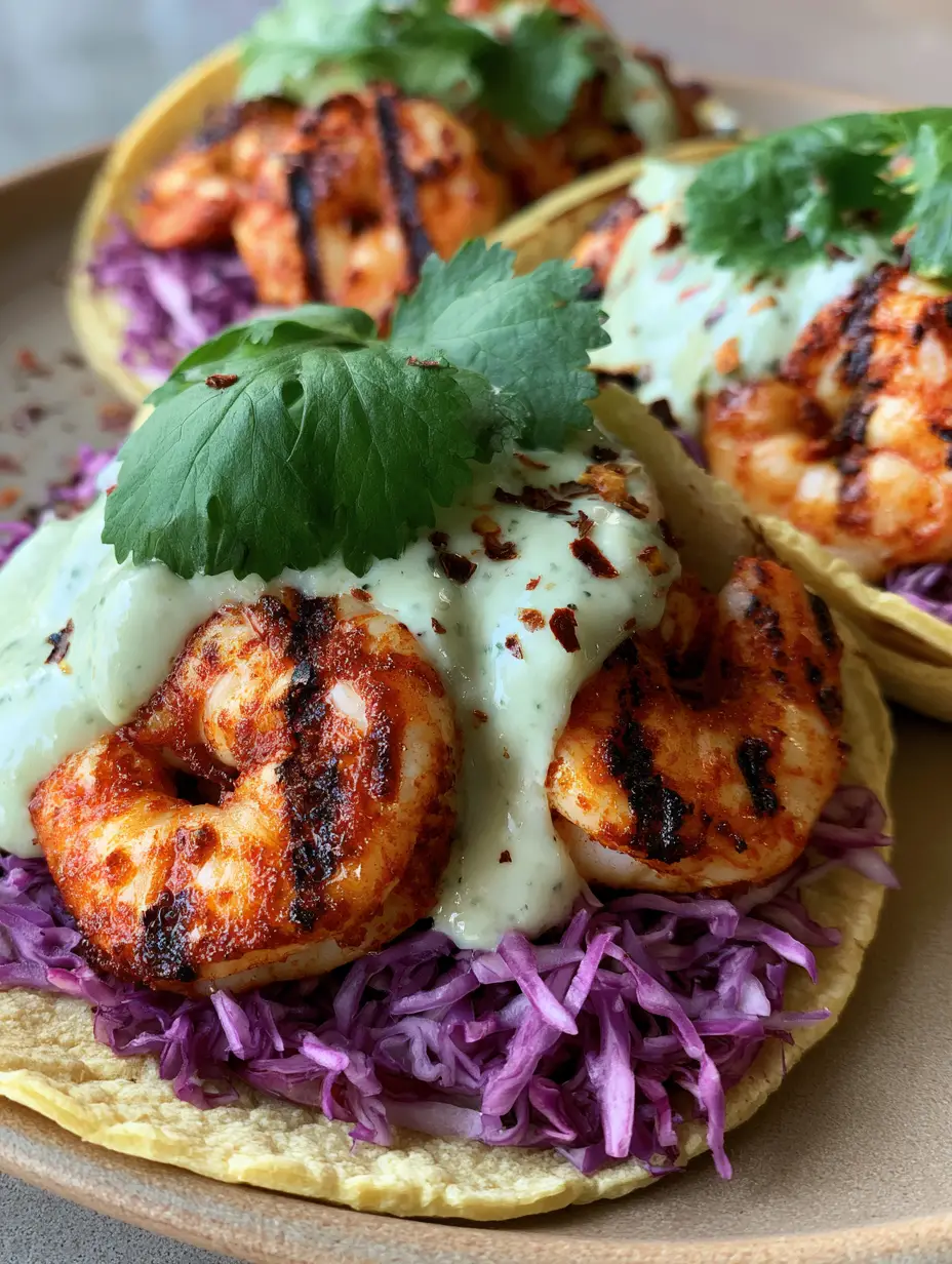 Nahaufnahme von Garnelen Tacos vom Grill mit dunklen Grillmarken und violettem Rotkohl.