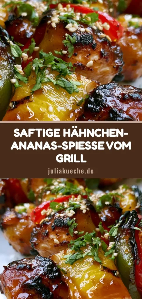 Hähnchen-Ananas-Spieße: Saftig, süß-sauer und perfekt vom Grill 4 Draufsicht auf gegrillte Hähnchen-Ananas-Spieße mit brauner Glasur, Sesam und Koriander auf einer weißen Platte.