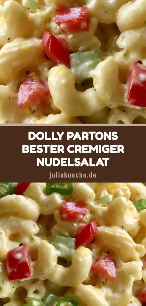 Cremiger Nudelsalat: Das klassische Rezept für den besten Nudelsalat wie im Süden 4 Draufsicht auf einen cremigen Nudelsalat in einer weißen Schüssel mit roten Paprikawürfeln und grünen Zwiebeln.