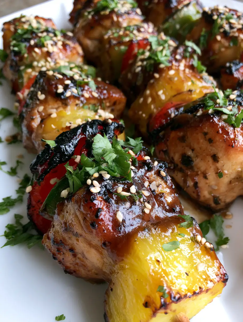 Hähnchen-Ananas-Spieße: Saftig, süß-sauer und perfekt vom Grill 3 Nahaufnahme von Hähnchen-Ananas-Spießen mit deutlichen Grillmarkierungen und glänzender Sauce.