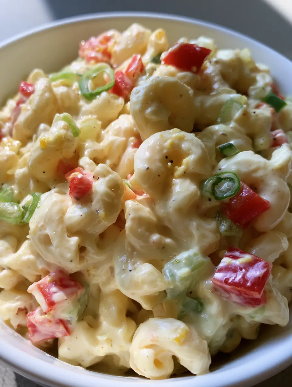 Cremiger Nudelsalat: Das klassische Rezept für den besten Nudelsalat wie im Süden 3 Nahaufnahme von cremiger Nudelsalat mit glänzendem Mayonnaise-Dressing und buntem Gemüse.