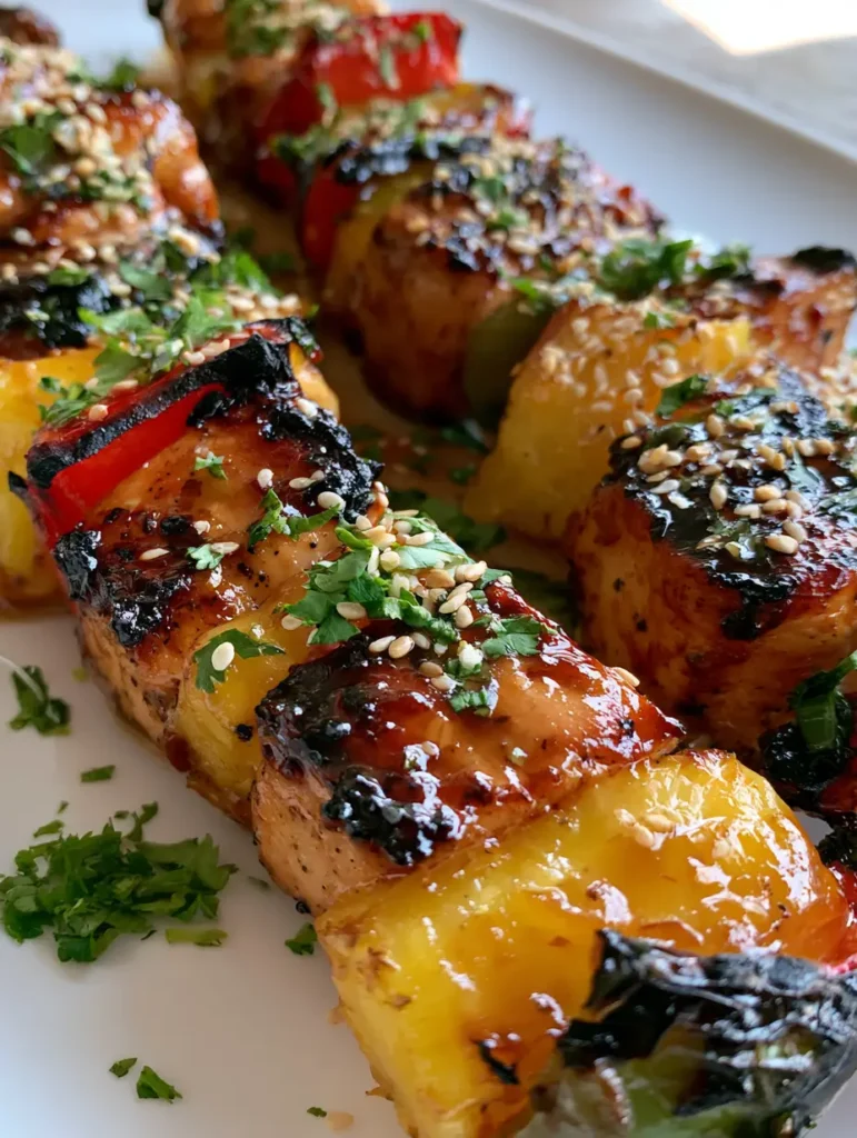 Hähnchen-Ananas-Spieße: Saftig, süß-sauer und perfekt vom Grill 1 Hähnchen-Ananas-Spieße serviert auf einer modernen weißen Oberfläche in natürlichem Tageslicht.